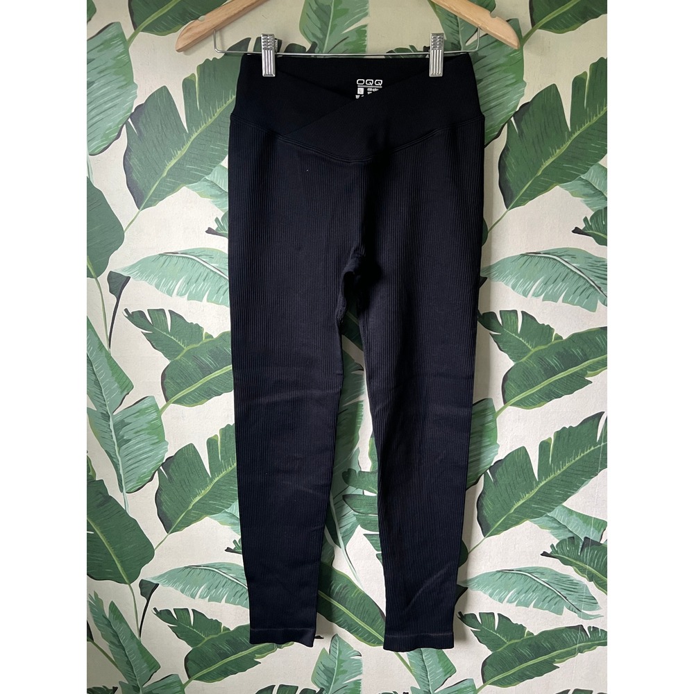 OQQ Ribbed V-Waist Leggings Women Large Black